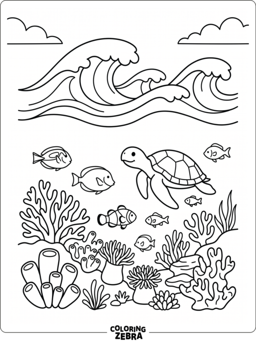Sea turtle and fish near a coral reef