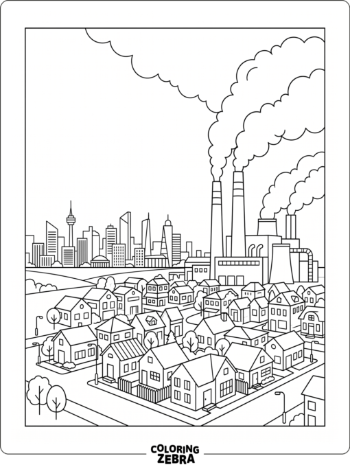 City skyline with factory smoke and cloudy air