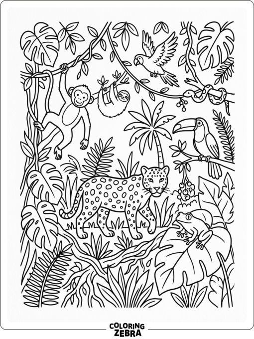 Rainforest scene with animals and big leaves