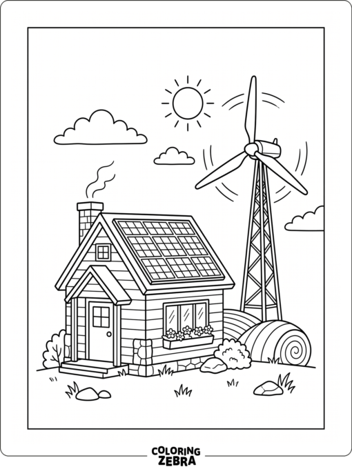 Solar panels and a wind turbine near a house