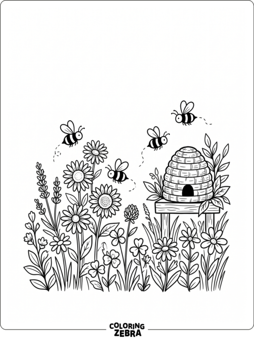 Bees buzzing around flowers and a hive