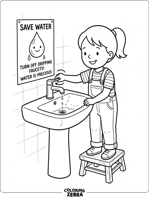 Child saving water near a faucet and drop sign