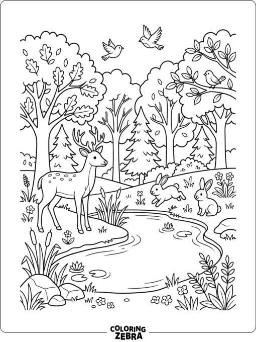 Wildlife habitat with deer, birds, and rabbits
