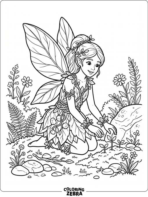 An earth fairy with leaves, vines, and stones