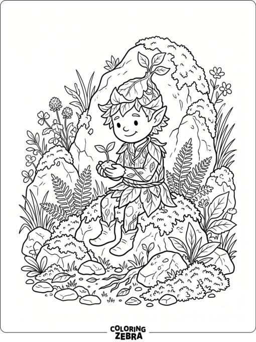 An earth sprite holding a sprout among rocks