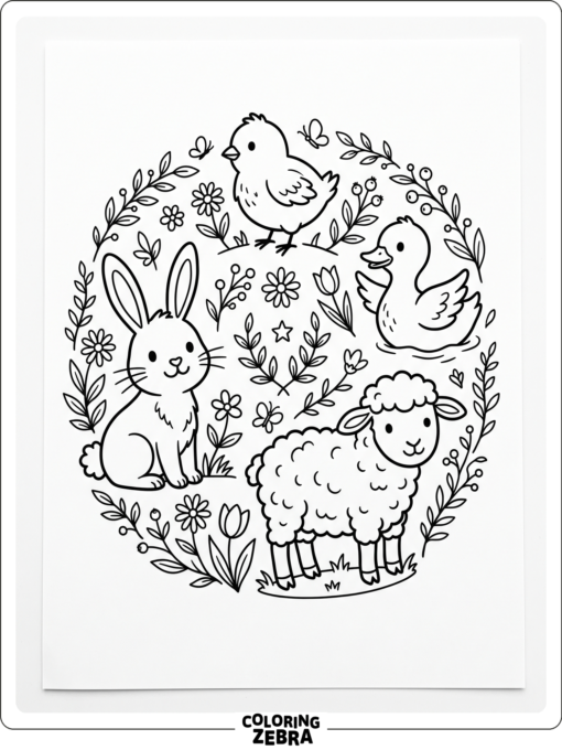A circle of Easter animals with spring flowers