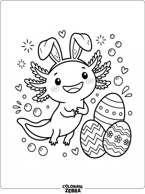 A cute axolotl with bunny ears and Easter eggs