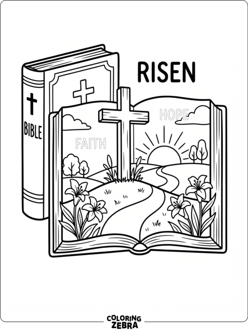 Bible pages with a cross and lilies