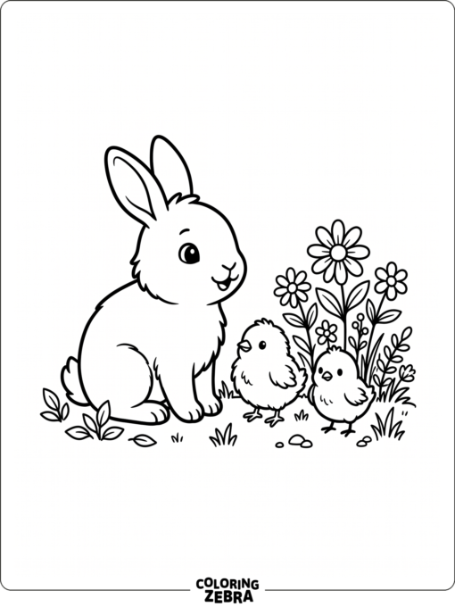 A bunny sitting with two chicks