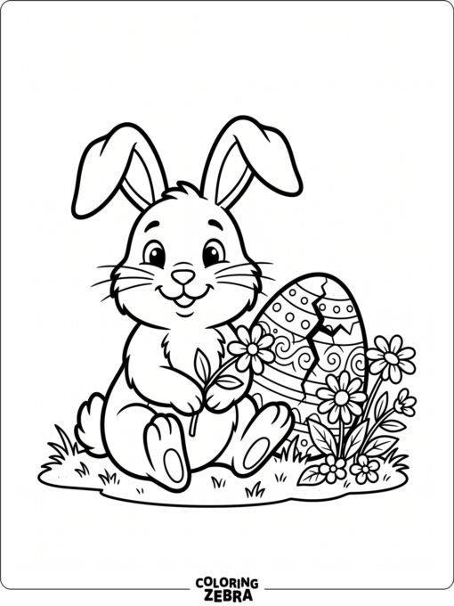 A bunny sitting near a cracked Easter egg