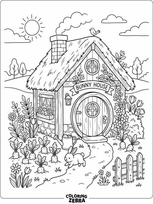 A bunny house with carrots and flowers