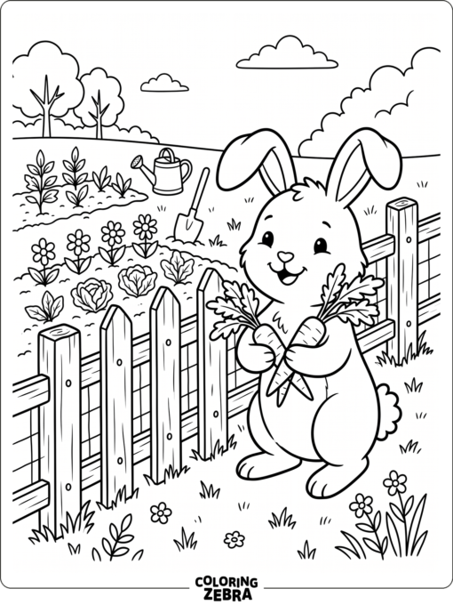 A bunny holding carrots near a fence