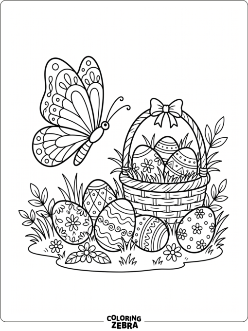 A butterfly near decorated eggs and a basket
