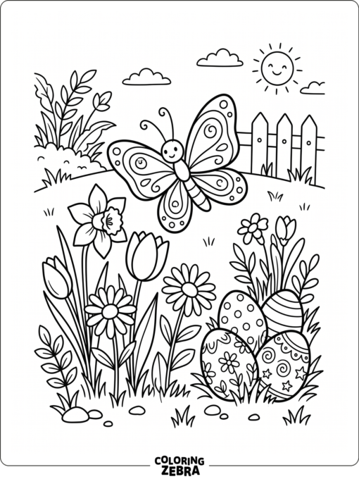 A butterfly hovers above flowers and Easter eggs in a clean garden setting