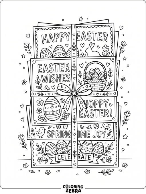 A stack of Easter cards with eggs and ribbons