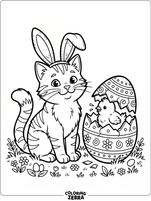 Cat wearing bunny ears beside a cracked egg