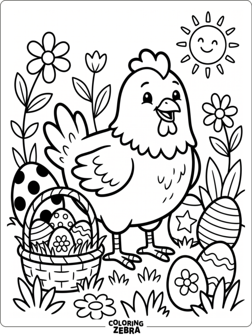 A chicken beside decorated Easter eggs
