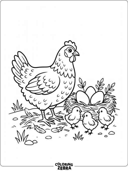 A hen with chicks, a nest, and eggs