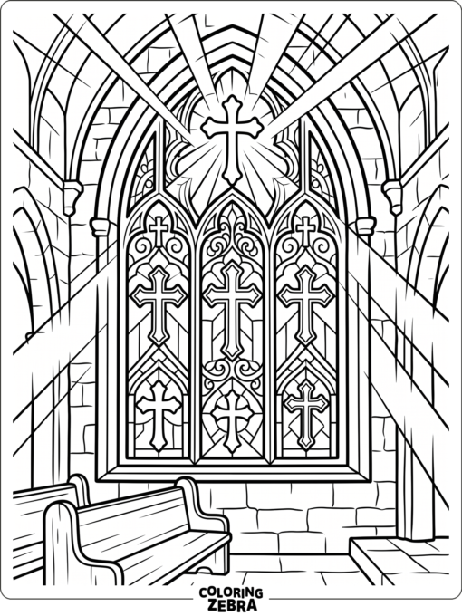 A church window with cross designs and light