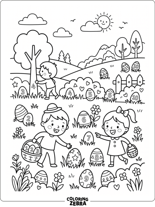A color by number Easter egg hunt scene