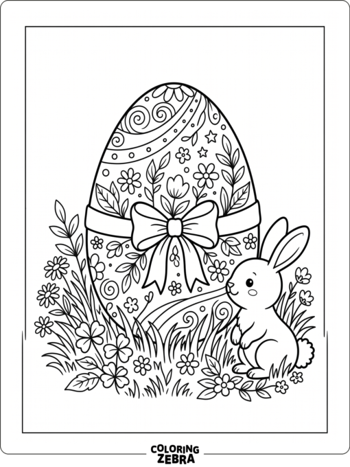 Decorated Easter egg with flowers and a bunny