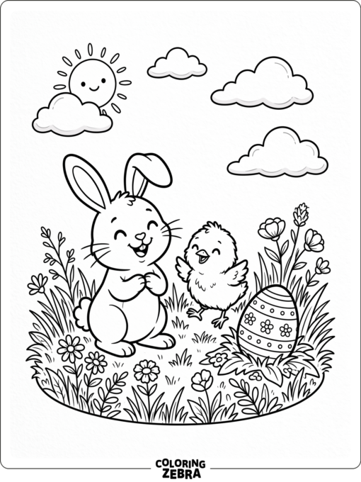 Smiling bunny, chick, and egg in spring grass