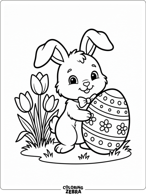 Toddler bunny with a large egg and tulips