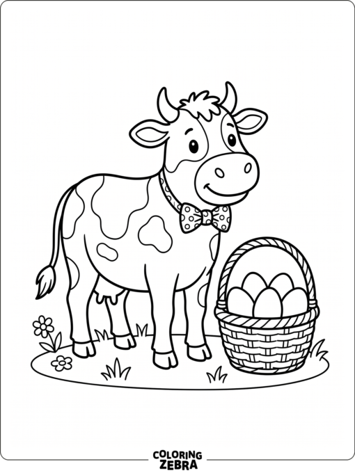 A cow with a bow tie beside Easter eggs