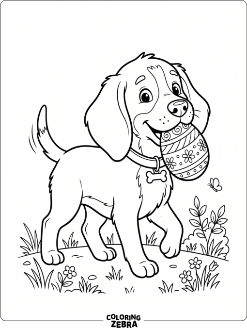A dog carrying a decorated Easter egg