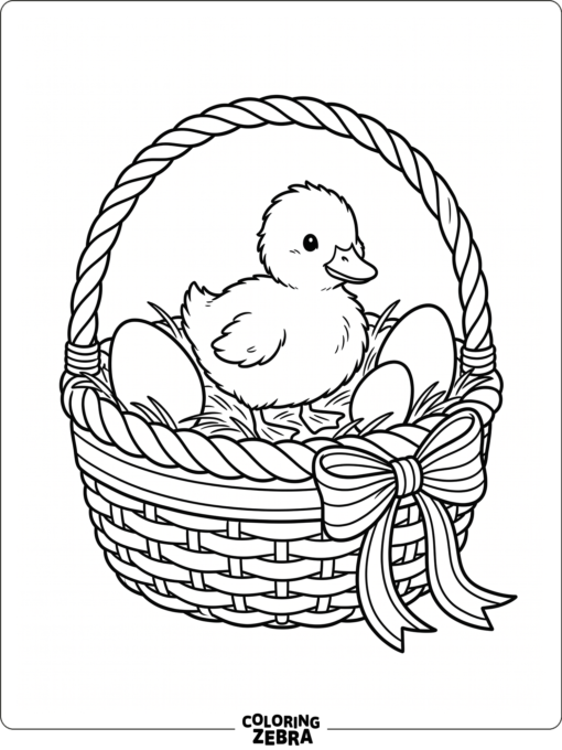 A duckling sitting in a basket with Easter eggs