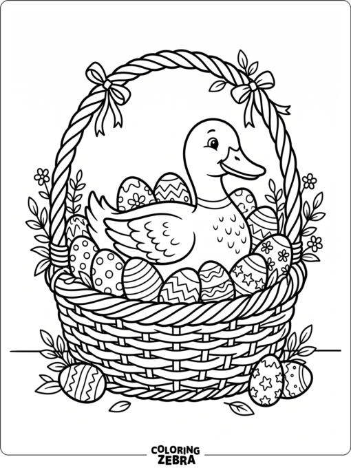 A duck beside Easter eggs in a basket