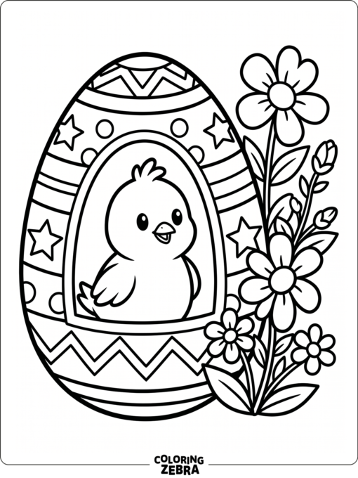 A chick sits inside a decorated Easter egg