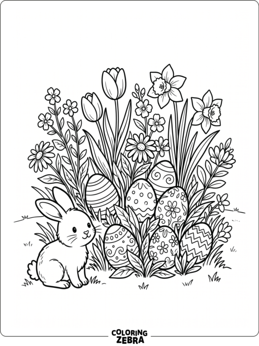 Spring flowers with eggs and a bunny