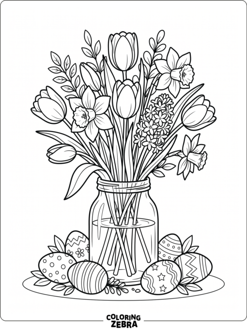 Vase of spring flowers with eggs at the base