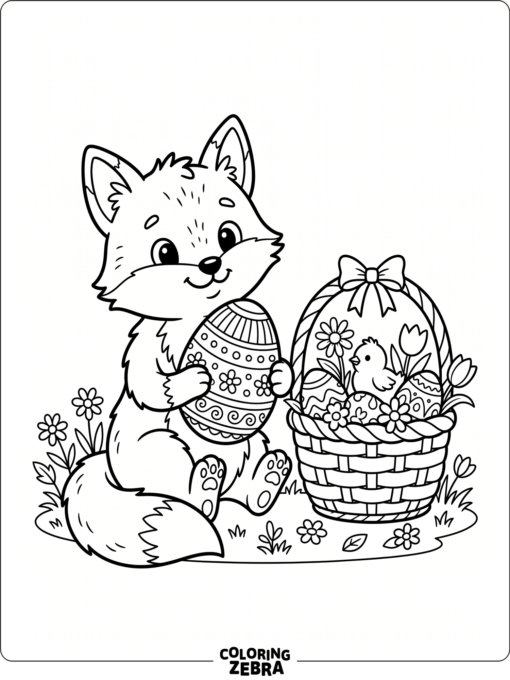 A fox holds a decorated egg near a basket