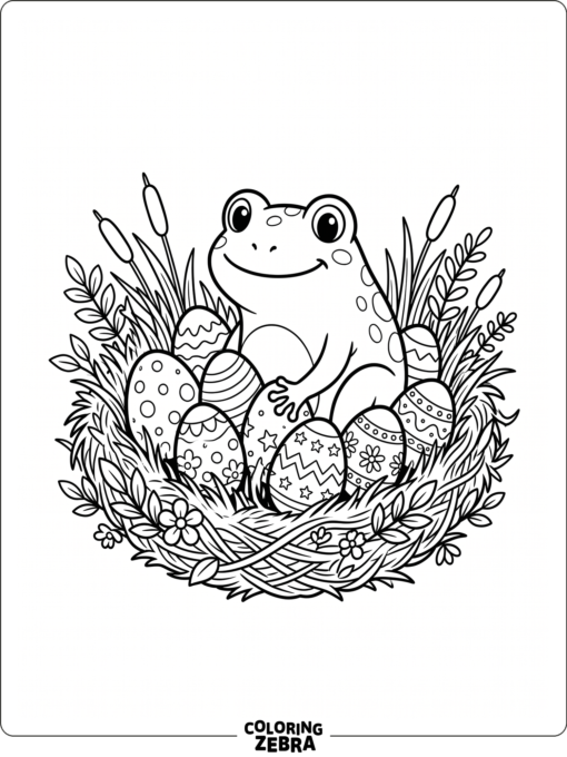 A frog sitting by painted eggs in a nest