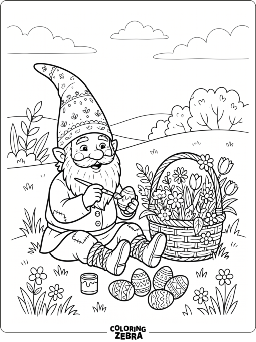 A gnome sitting beside painted eggs and flowers