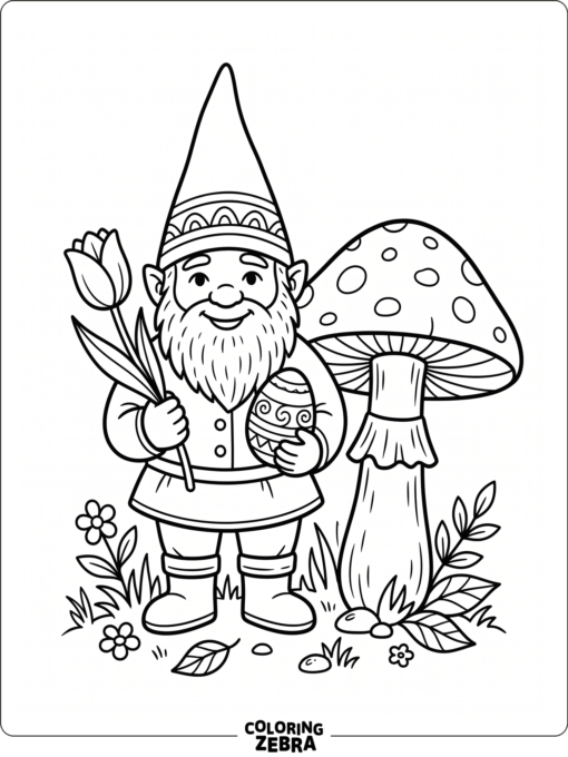 An Easter gnome holding a tulip and egg
