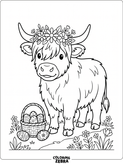 A shaggy highland cow with a flower crown and Easter eggs