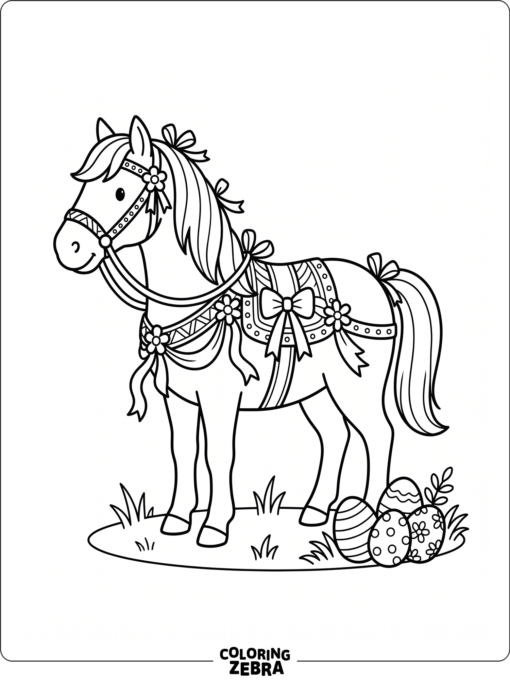 A horse with Easter ribbons and eggs on the ground