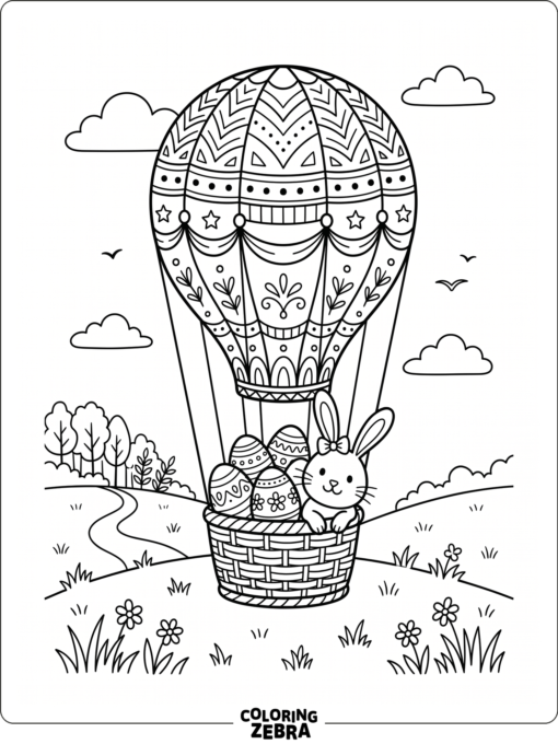 A balloon floating with Easter eggs and a bunny in the basket