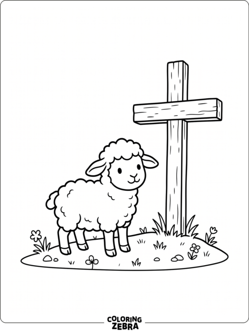 A lamb standing beside a cross