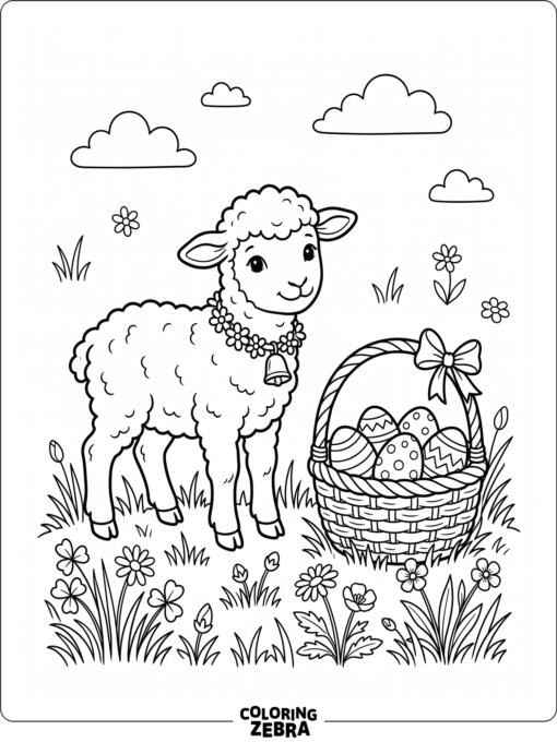 A lamb beside a basket of Easter eggs