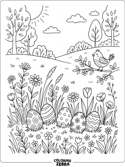 A spring meadow with eggs, flowers, and a bird