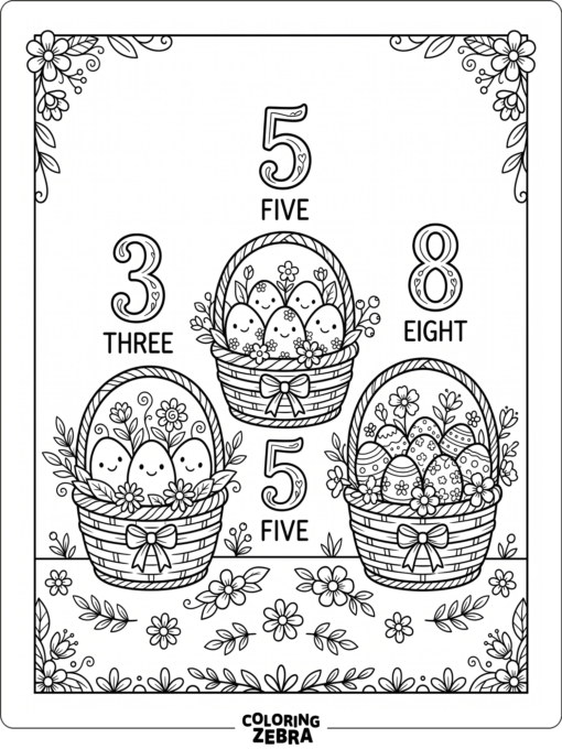 An Easter math scene with eggs and numbers