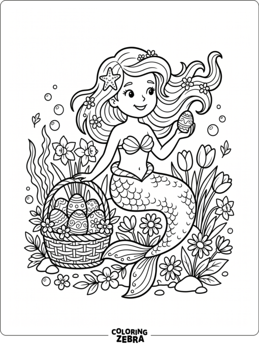 A mermaid with Easter eggs and spring flowers