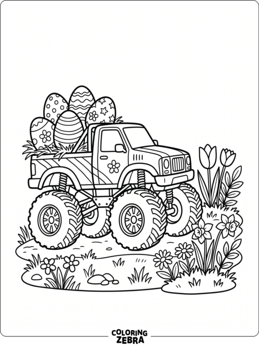 Monster truck carrying painted eggs near spring flowers