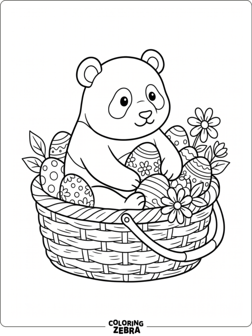 A panda sitting in a basket with Easter eggs