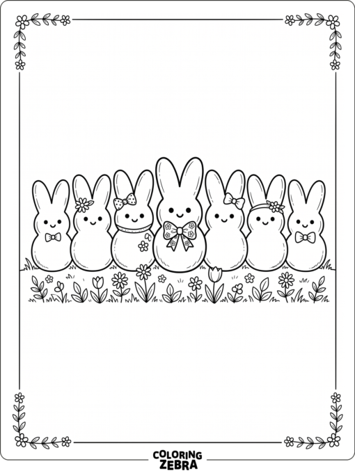 Three marshmallow peeps with bows and flowers