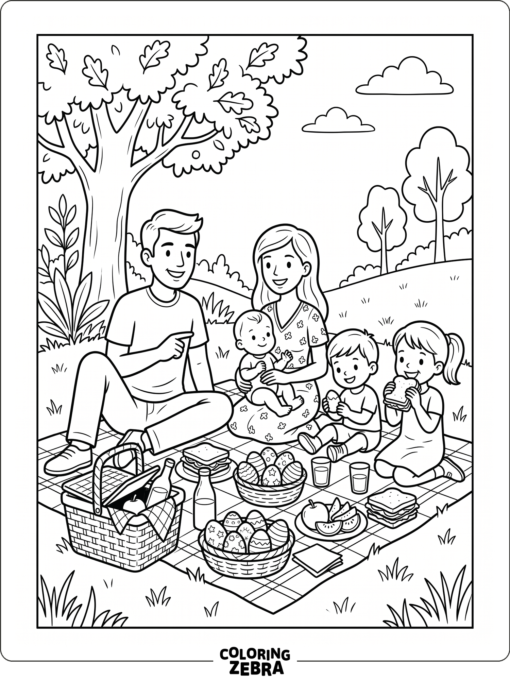 A picnic blanket with baskets and Easter eggs
